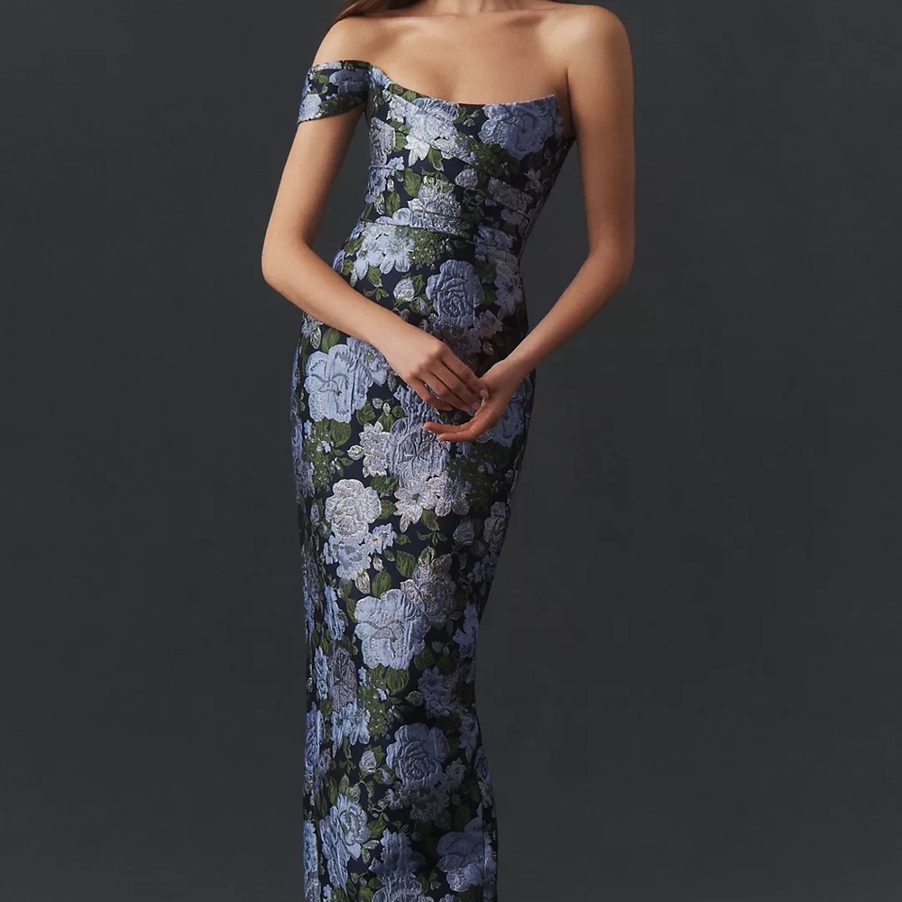 SAU LEE Jackson Asymmetric Jacquard Column Maxi Dress